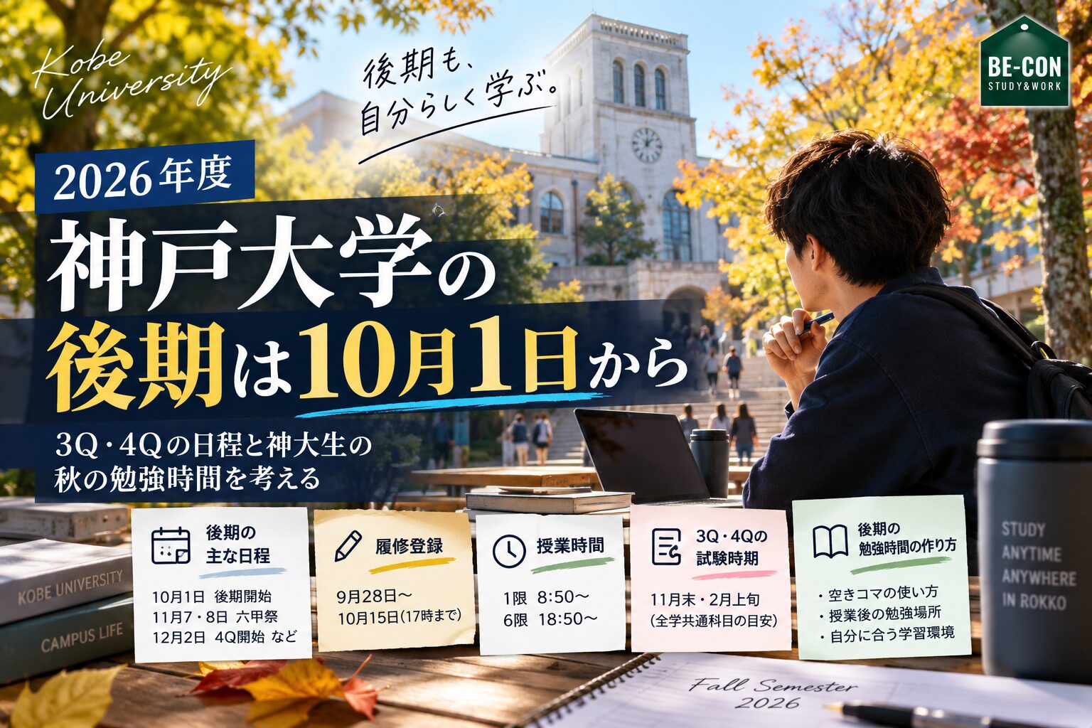 2026年度神戸大学の後期日程と秋の勉強計画を紹介するBE-CON六甲本店の記事アイキャッチ