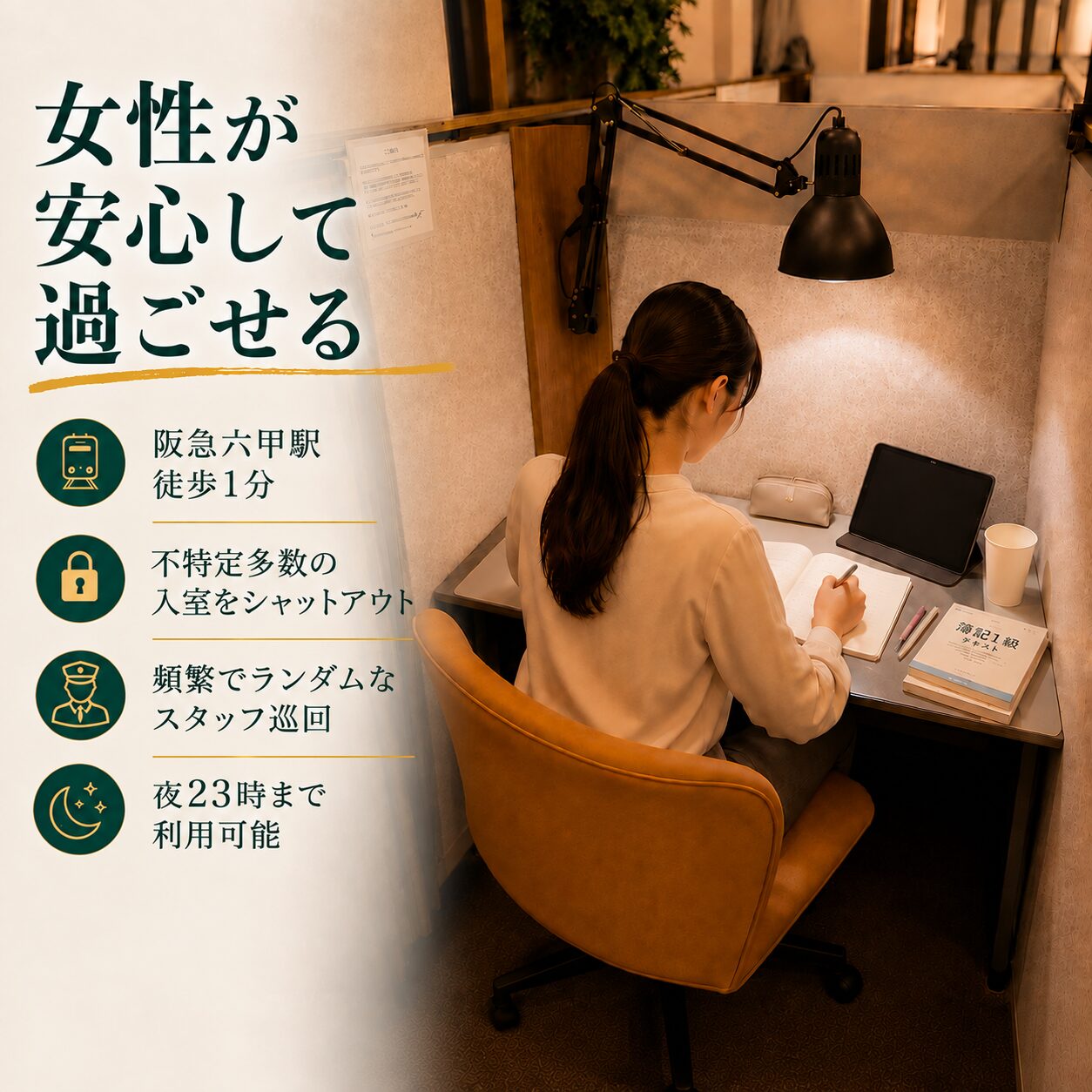 神戸・阪急六甲の女性向け会員制スペースBE-CON。女性専用席で集中して勉強する女性会員の様子。150cmパーテーションで視線を遮断した半個室空間。