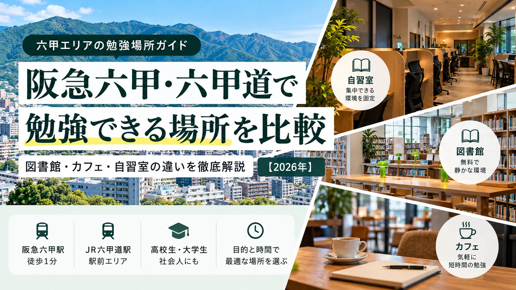 阪急六甲・六甲道で勉強できる場所を図書館・カフェ・自習室で比較